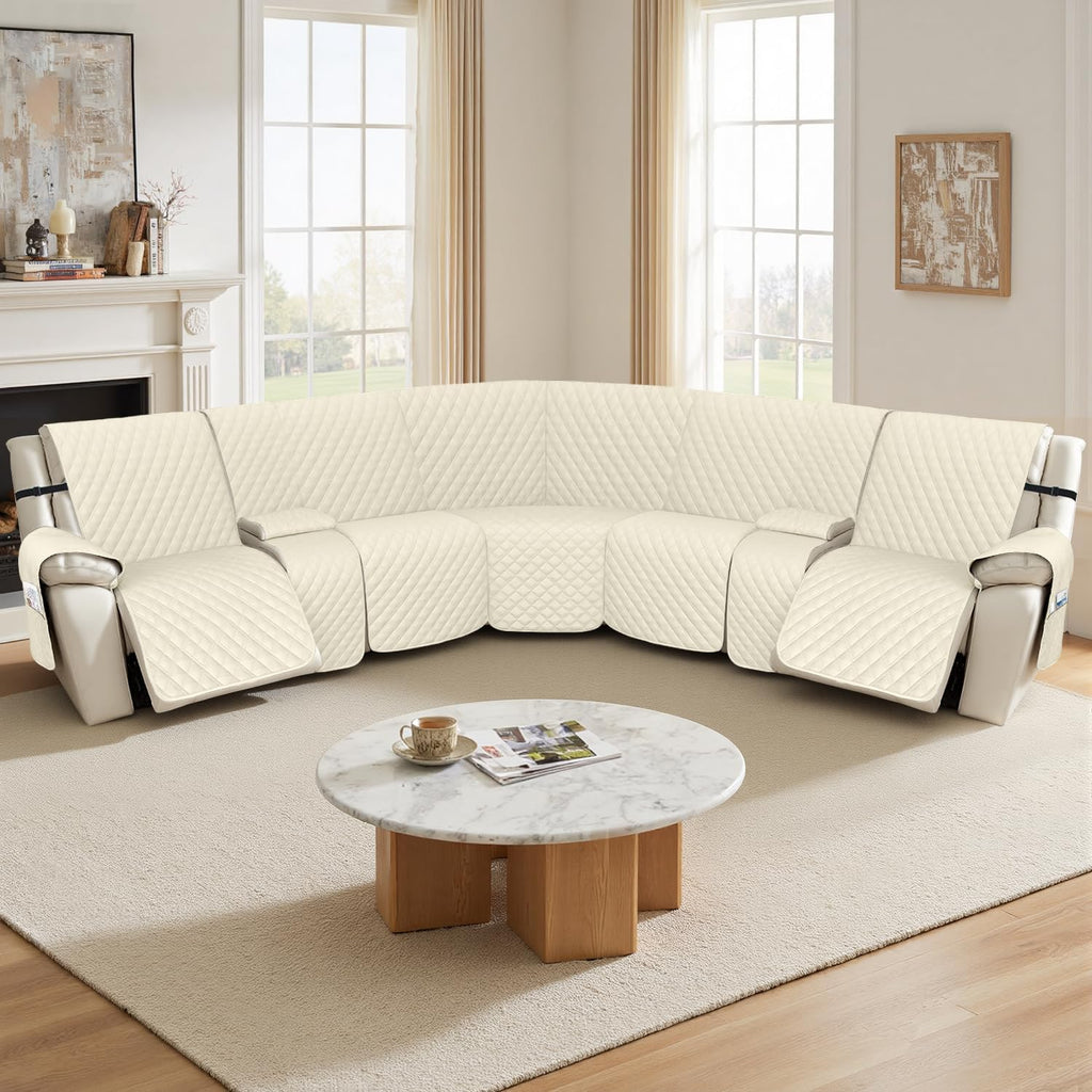 Arfntevss Recliner Sectional Couch Covers 1OO% Waterproof L Shape Sofa Cover for Reclining L Shaped Sectional Slipcover Dog Washable Corner Non Slip Protector (5 Seater with 2 Console, Beige)