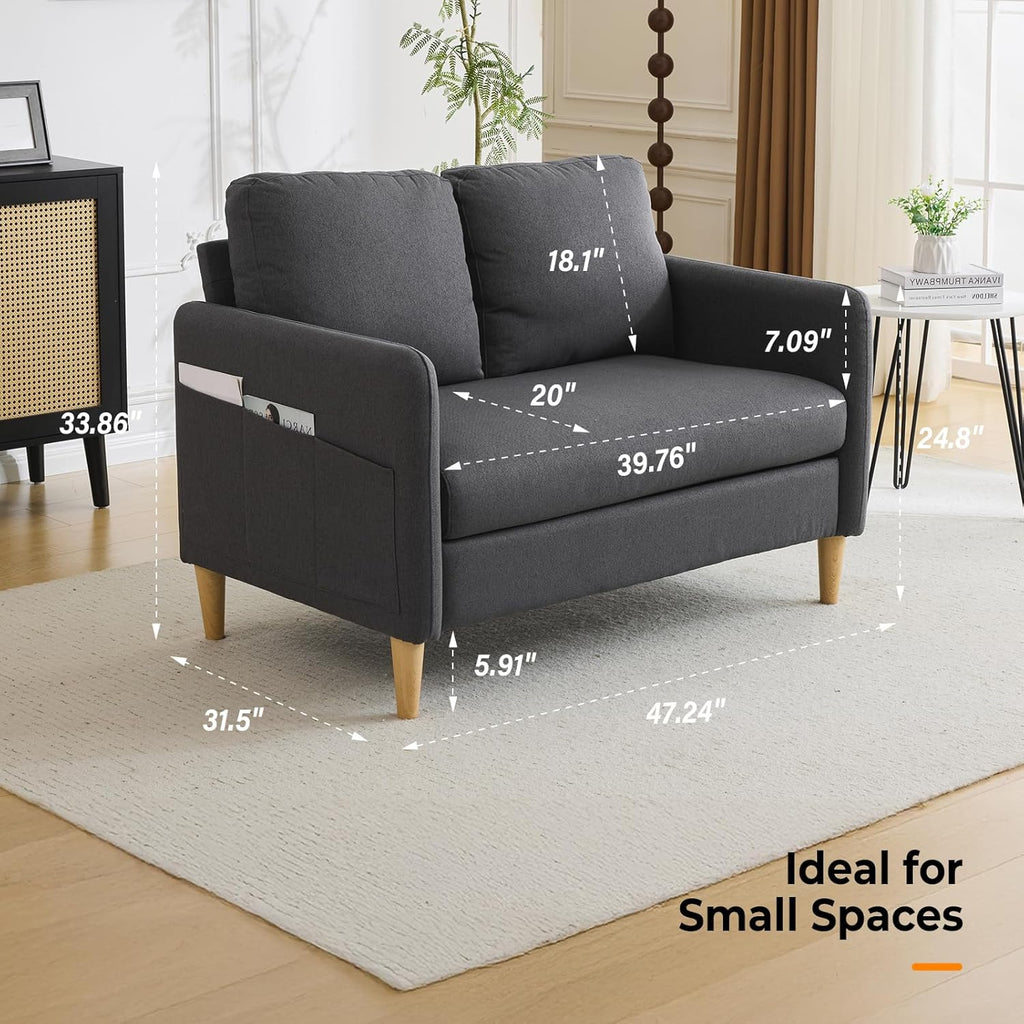 VINGLI 47' Small Couch, Dark Grey Linen Loveseat Sofa Mini Couch Mid Century Modern Decor Love Seat for Small Spaces Living Room, Bedroom, Play Room