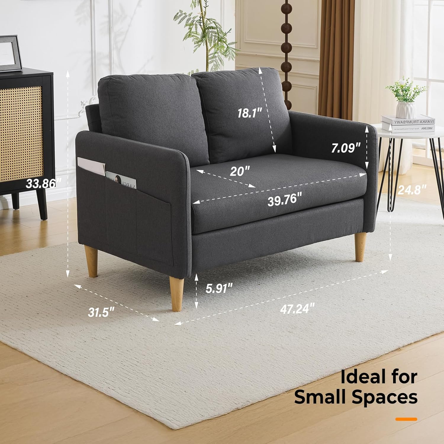 VINGLI 47' Small Couch, Dark Grey Linen Loveseat Sofa Mini Couch Mid Century Modern Decor Love Seat for Small Spaces Living Room, Bedroom, Play Room