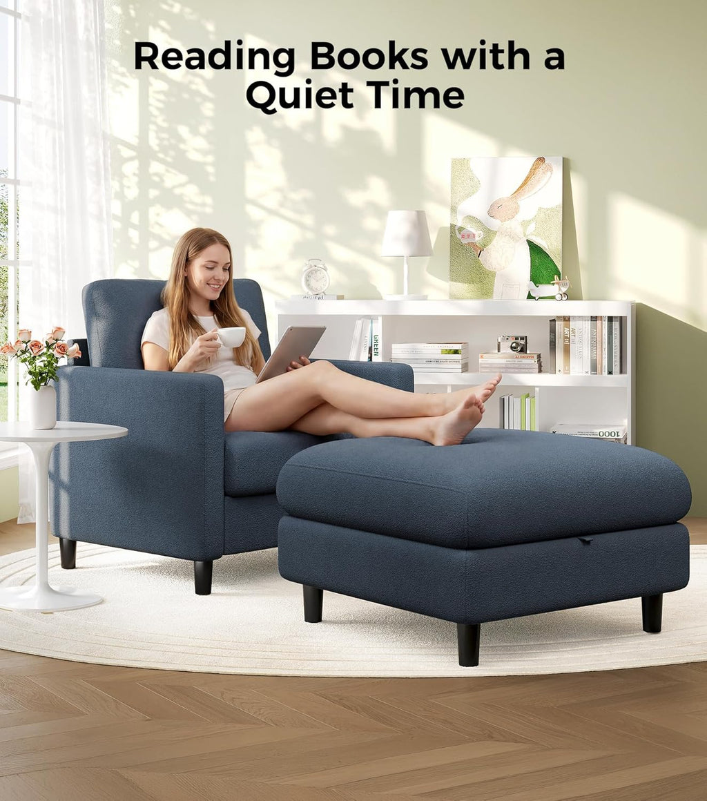Welzona Sofa Accent Chair with Ottoman, 33' Reading Chair and Ottoman Set for Bedroom, Tool-Free Setup Living Room Accent Chairs, Comfy Arm Chairs Living Room, All-Wood Reading Nook, Blue Grey