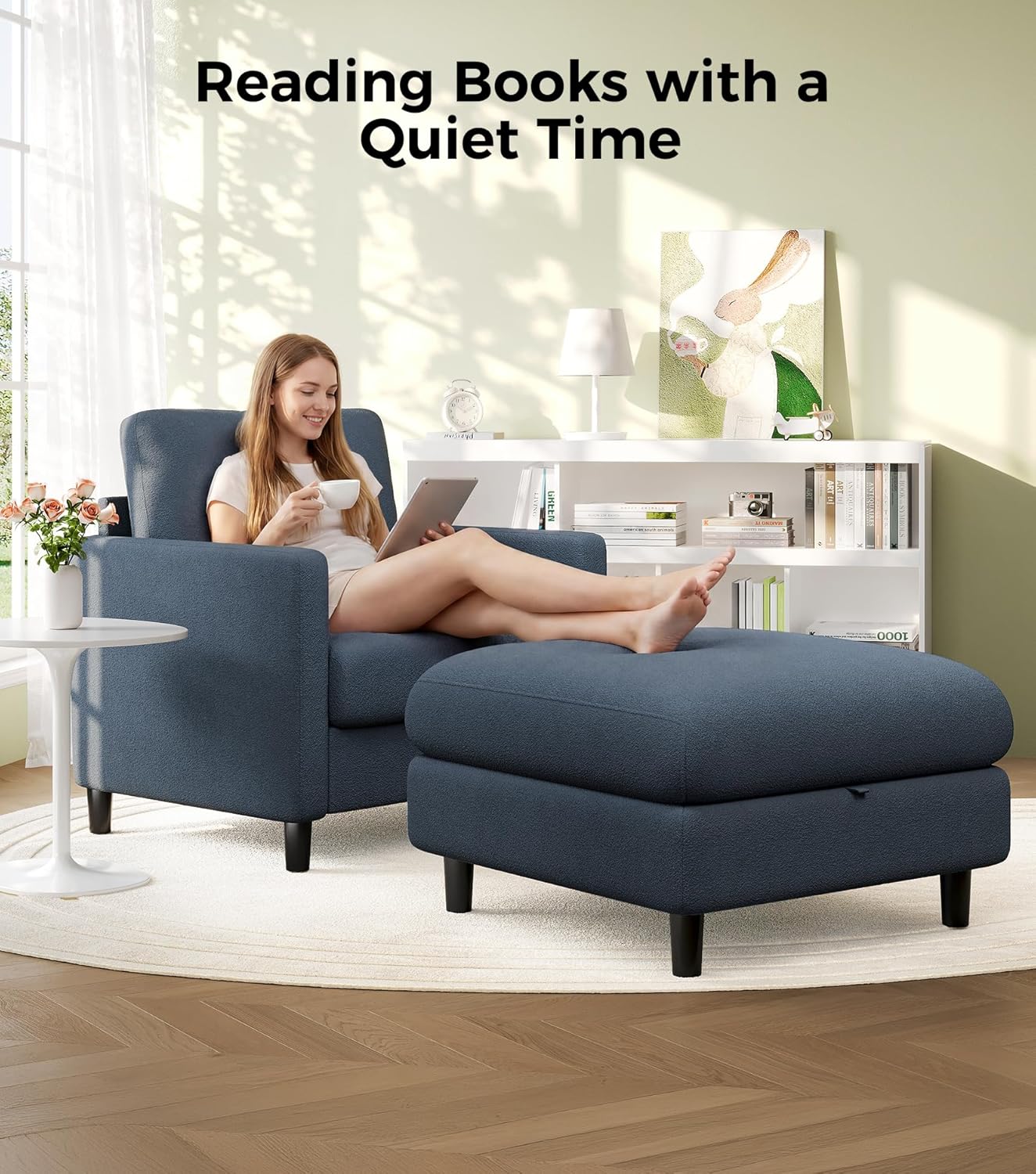 Welzona Sofa Accent Chair with Ottoman, 33' Reading Chair and Ottoman Set for Bedroom, Tool-Free Setup Living Room Accent Chairs, Comfy Arm Chairs Living Room, All-Wood Reading Nook, Blue Grey