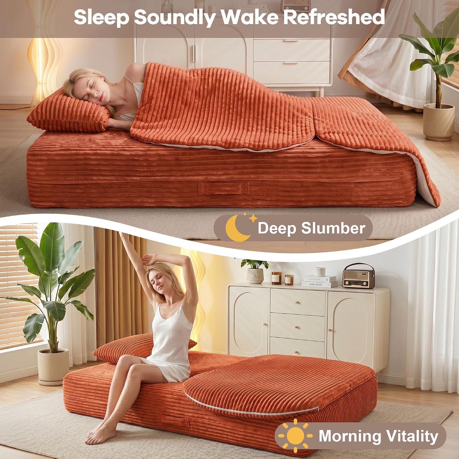 75'' Folding Sleeper Sofa Bed, Convertible Memory Foam Boneless Couch, Foldable Full Size Guest Bed, Modern 2-in-1 Futon Floor Sleeper Sofa with 4 Pillows and Blanket (Corduroy, Orange)