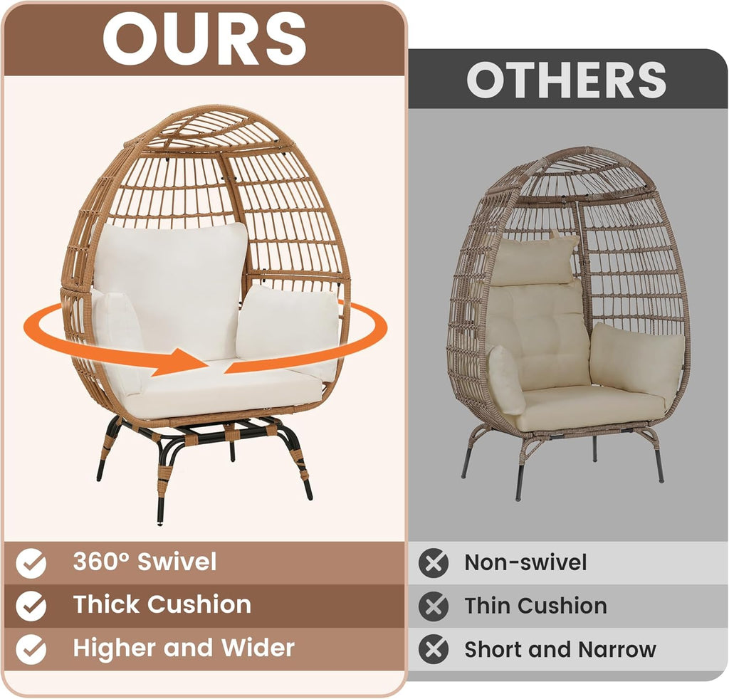 Murago Oversized 360° Swivel Rattan Egg Chair for Adult, Indoor Outdoor Patio Large Wicker Egg Chair with Overstuffed Cushions, 440lb Weight Capacity, Natural Rattan with Beige Cushion