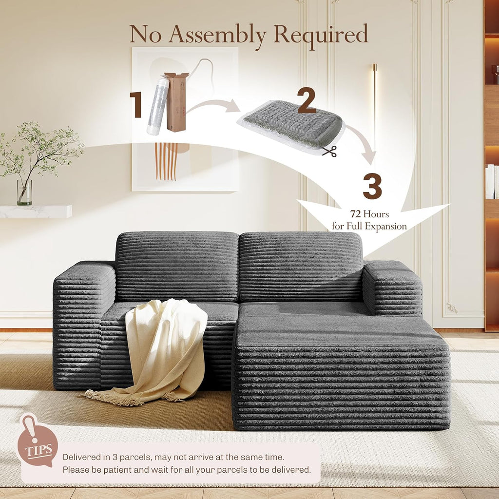Vesgantti 80' Modular Sectional Sofa, Corduroy Cloud Couch with Deep Seats & Spring Support, Compact 2 Seater Boneless Couch, L-Shaped Modular Sofa for Small Spaces, Apartments, No Assembly, Grey