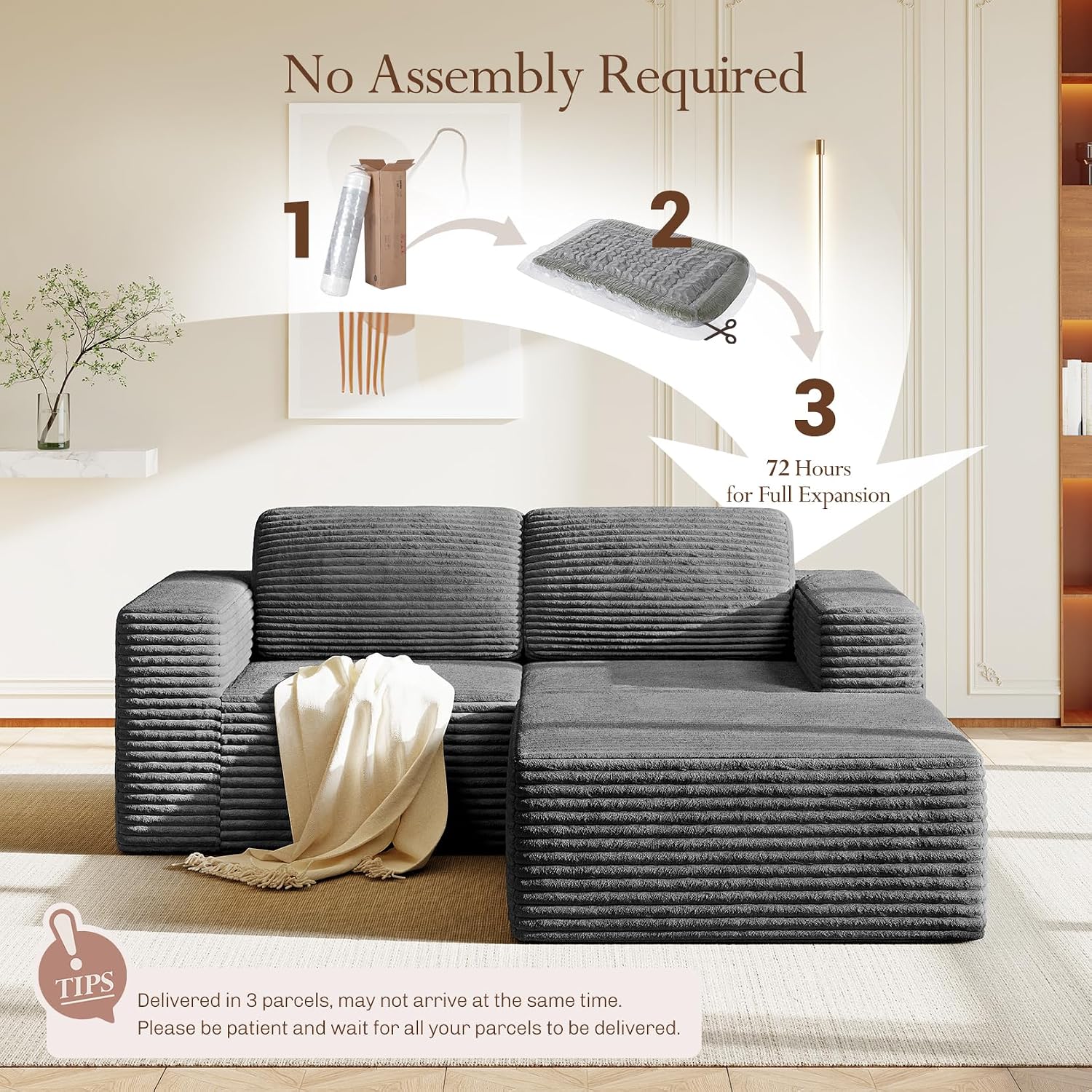Vesgantti 80' Modular Sectional Sofa, Corduroy Cloud Couch with Deep Seats & Spring Support, Compact 2 Seater Boneless Couch, L-Shaped Modular Sofa for Small Spaces, Apartments, No Assembly, Grey