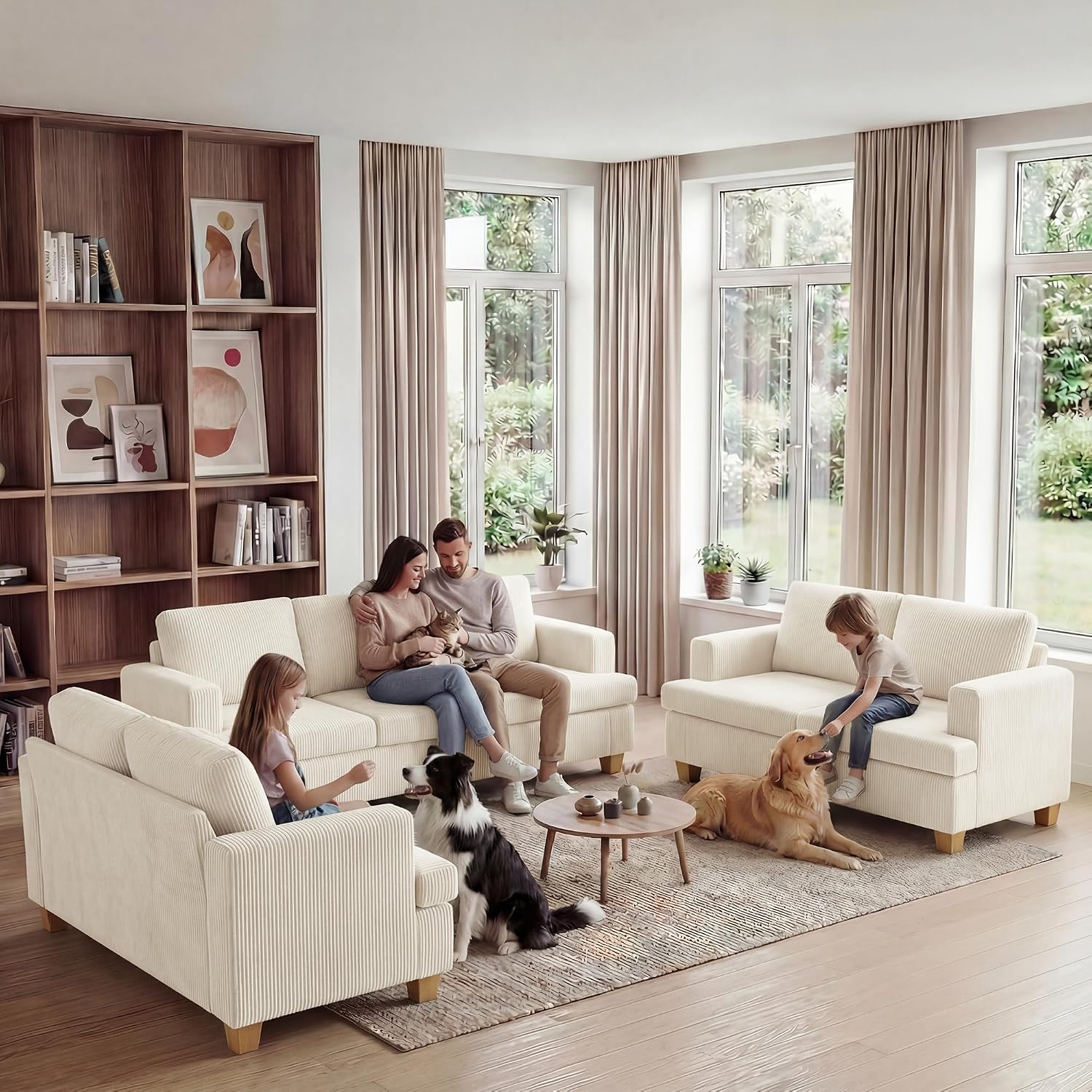 Apicizon 89'' 3-Seat Sofa Couch with 2 Loveseat, 3 Piece Corduroy Couches Sofa Set for Living Room, Modern Lounge Sofa Couches for Apartment Lounge, White