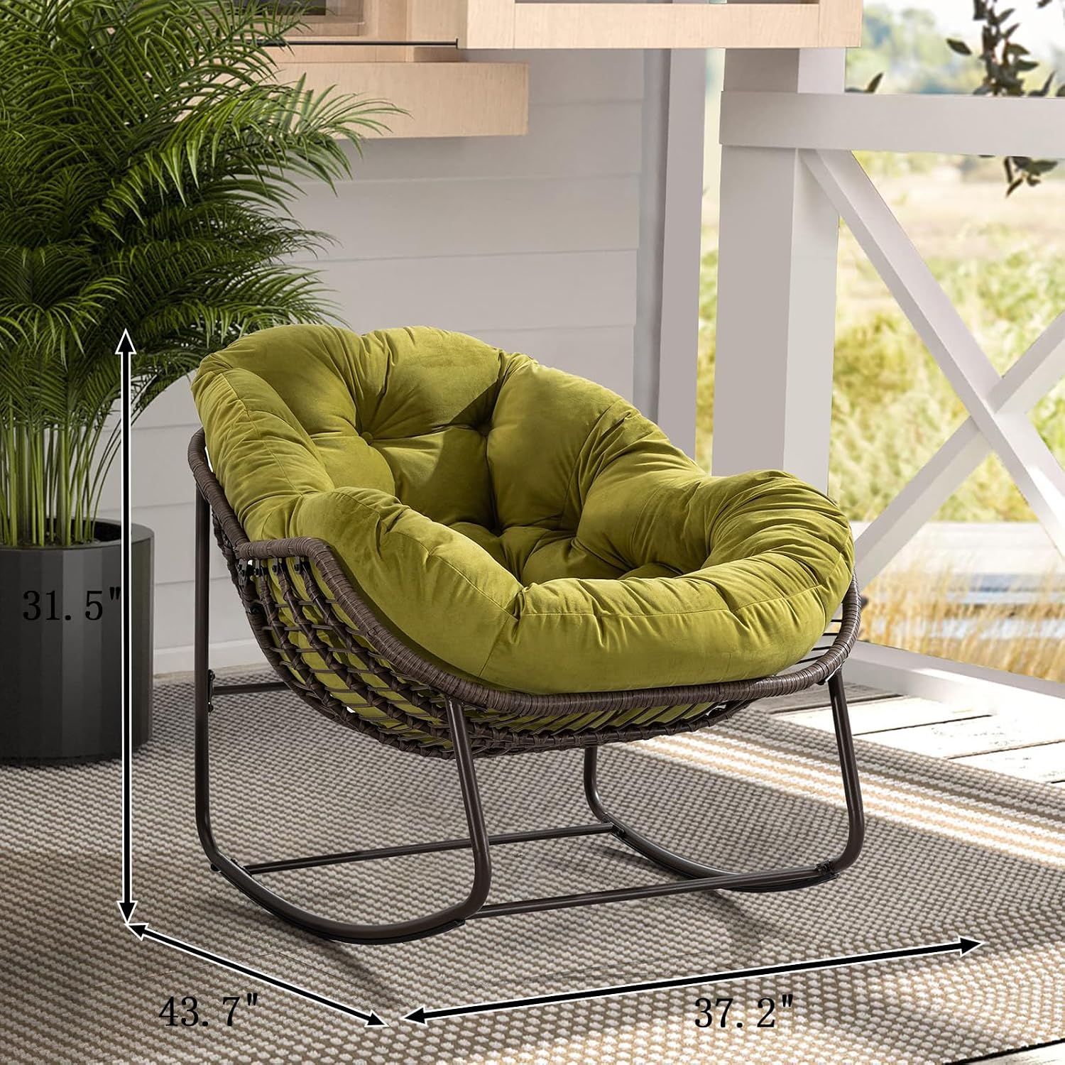 Papasan Rocking Chairs Outdoor Indoor, Oversized Rattan Rocker Patio Chair with Padded Cushion, Comfy Modern Indoor Egg Chair for Living Room, Bedroom, Porch, Garden, Balcony(Velvet, Olive Green)