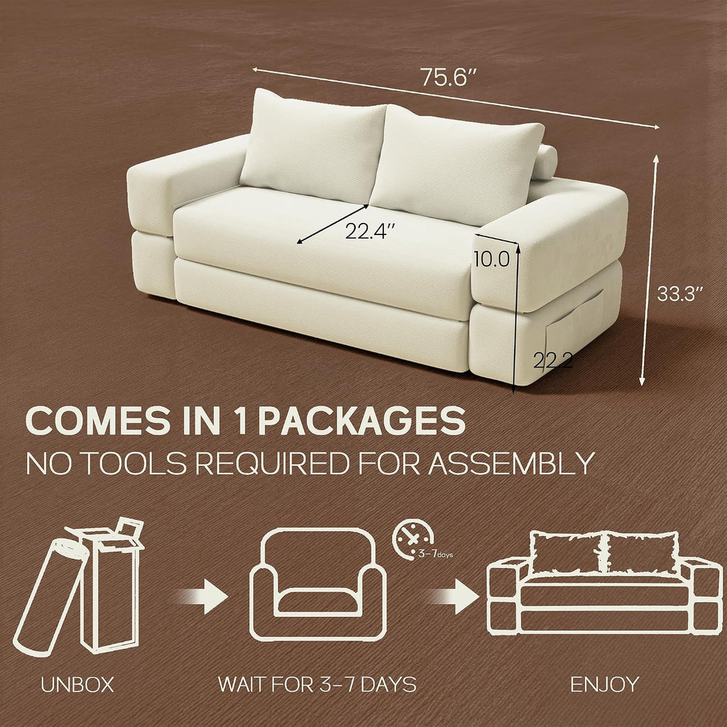 75'' Folding Convertible Sofa Bed with Large Pillow, 4-in-1 Foldable Pull Out Futon Sofa Bed, Chenille Boneless Mattress Couch, No Assembly Floor Sleeper Sofa Bed for Living Room/Bedroom, Beige
