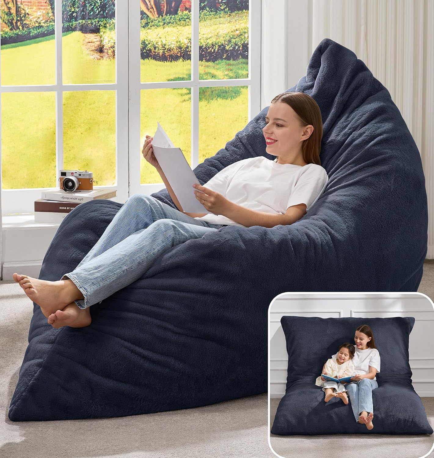 Hobestluk 3 in 1 Bean Bag Chair Giant Bean Bag Chairs for Adults with Plush Faux Fur Cover Convertible Bean Bag Floor Cushion with Machine Washable Cover for Living Room (Plush Dark Grey)