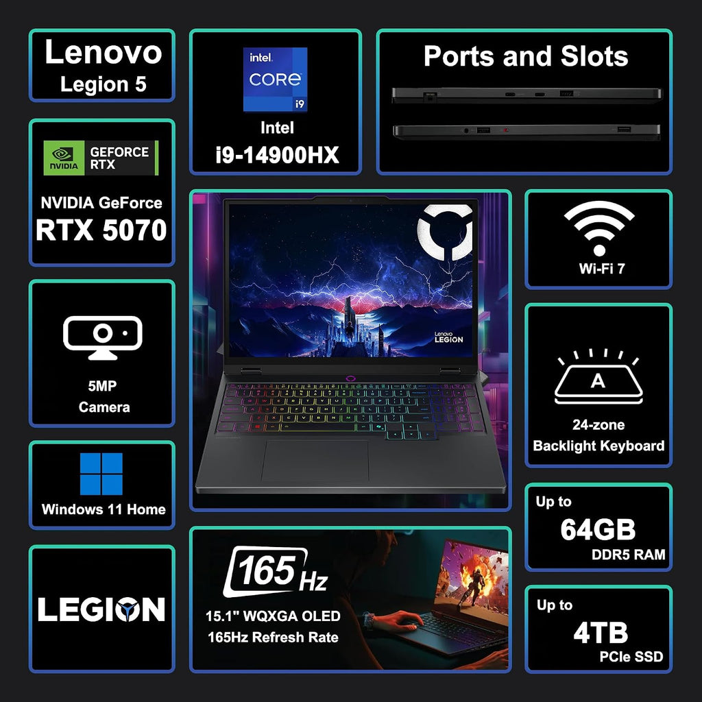 Lenovo Legion 5i Gaming Laptop 15.1' WQXGA 2560x1600 OLED 165Hz (100% DCI-P3, 1000nits HDR) Intel 24-core i9-14900HX 32GB RAM 1TB SSD GeForce RTX 5070 (Up to 798 AI Tops) RGB Backlit Win11 ICP Hub