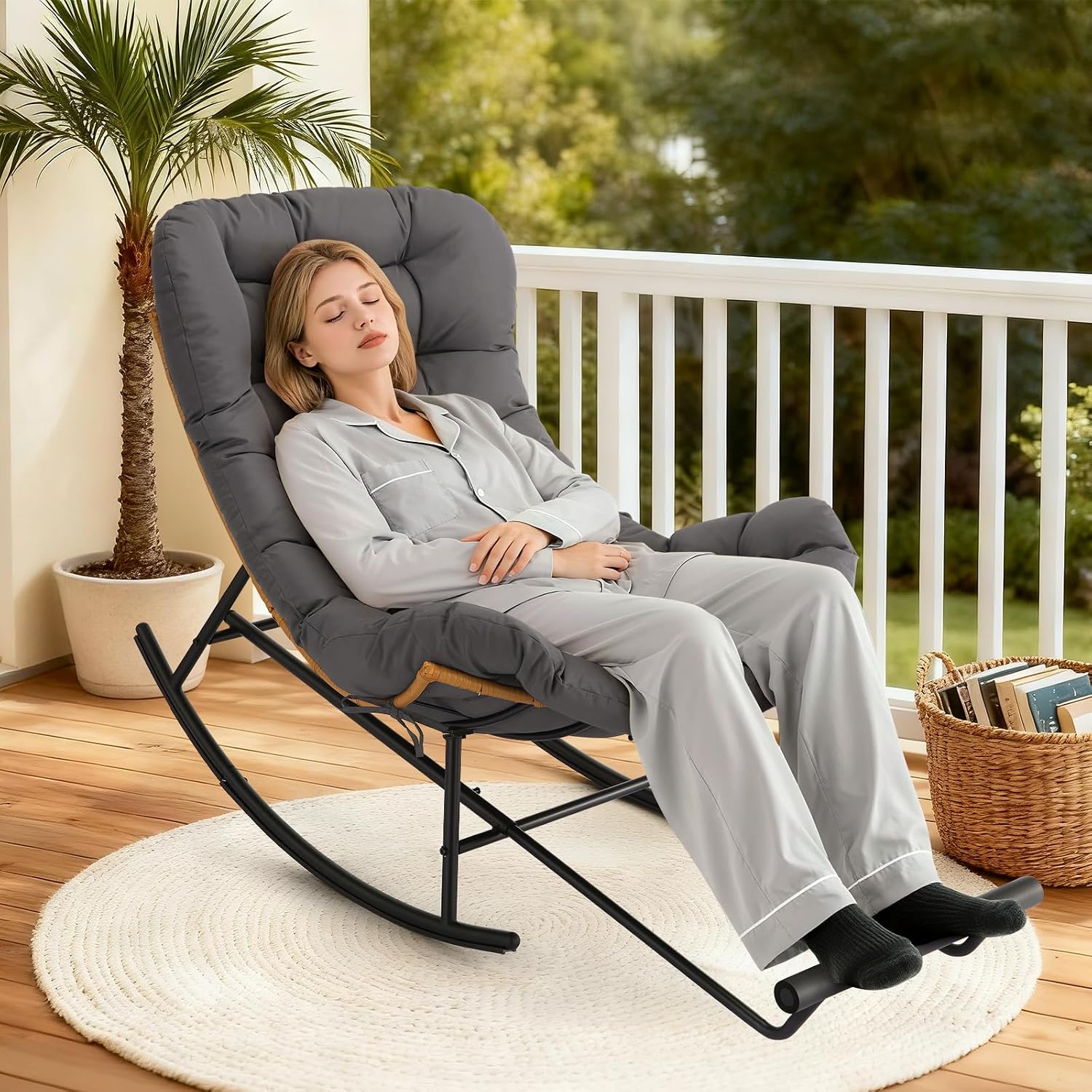 Garvee 2PCS Papasan Rocking Chair with Foot Rest, Oversized Papasan Chair with Thick Removable Cushion and Metal Frame, Lounge Chairs and PE Rattan Rocker for Patio, Porch, Garden, Lawn, Living Room