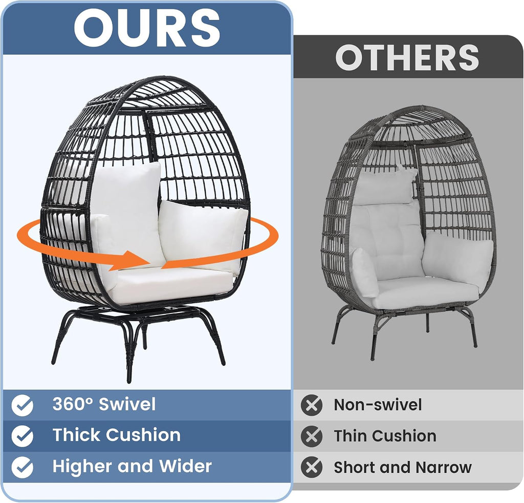 Murago Oversized 360° Swivel Rattan Egg Chair for Adult, Indoor Outdoor Patio Large Wicker Egg Chair with Overstuffed Cushions, 440lb Weight Capacity, Black Rattan with Beige Cushion