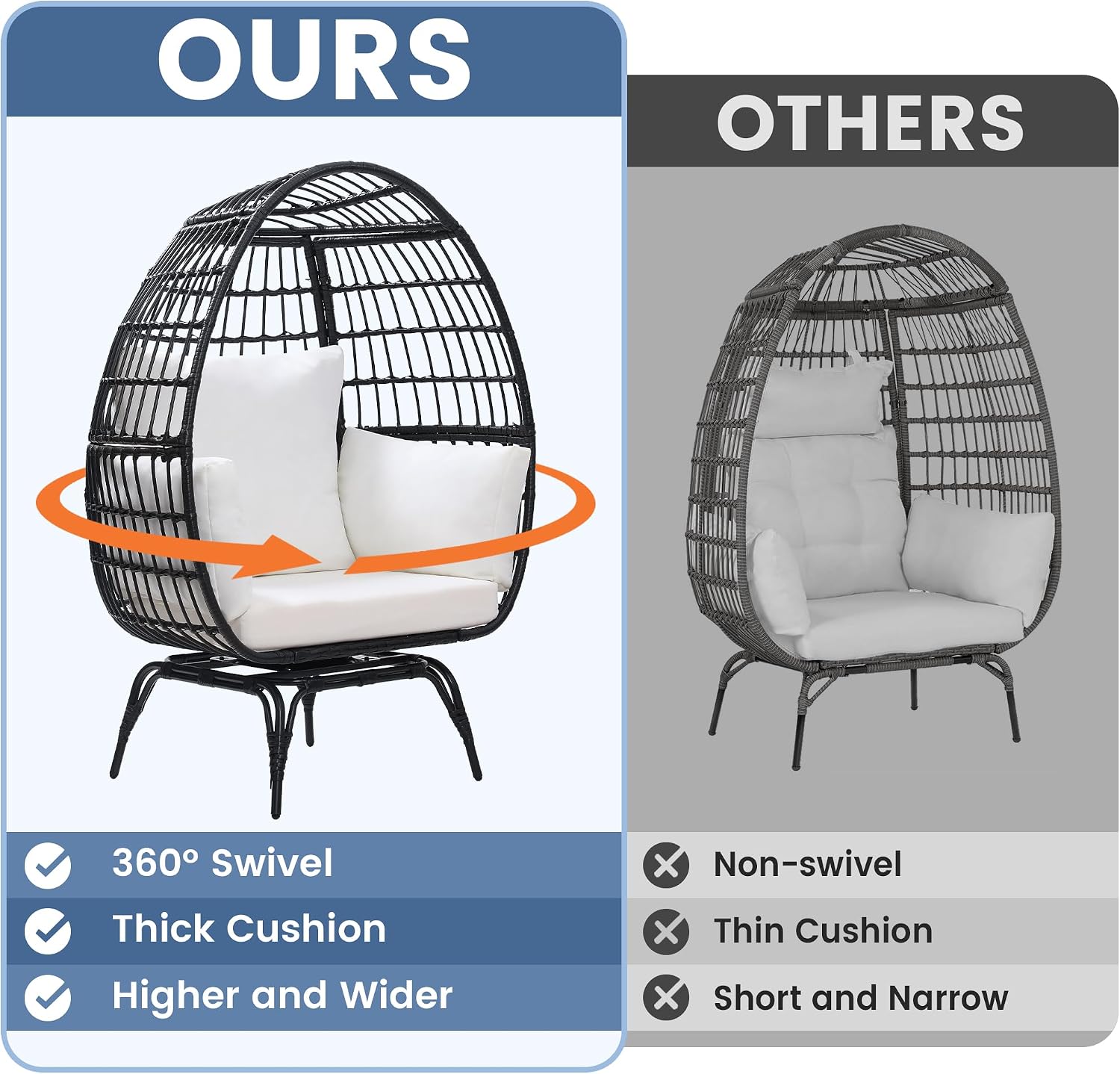 Murago Oversized 360° Swivel Rattan Egg Chair for Adult, Indoor Outdoor Patio Large Wicker Egg Chair with Overstuffed Cushions, 440lb Weight Capacity, Black Rattan with Beige Cushion