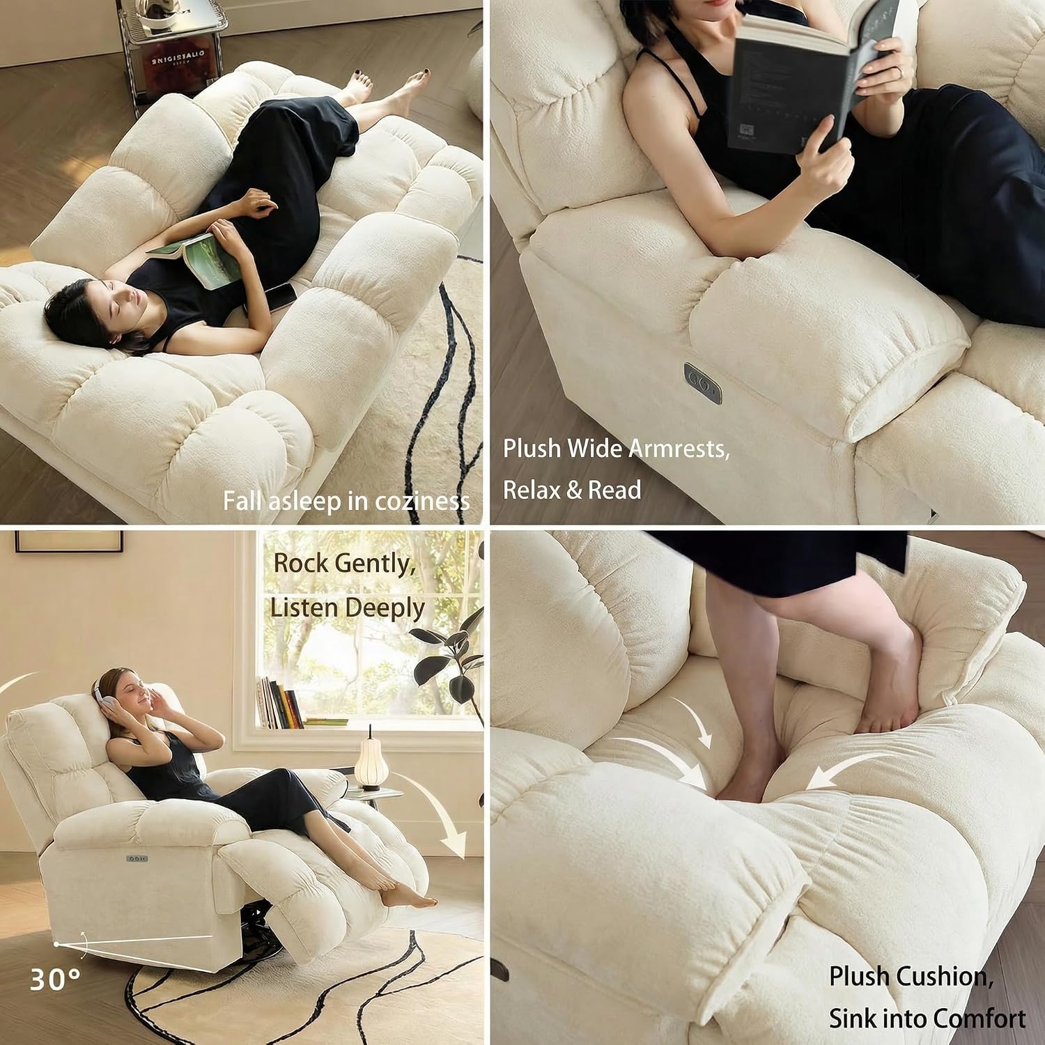 Oversized Rocker Recliner Chair,Power Swivel Recliner for Living Room,Overstuffed Extra Wide Rocking Recliners with Breathable Soft Fabric,Up to 350lbs (Power, White)
