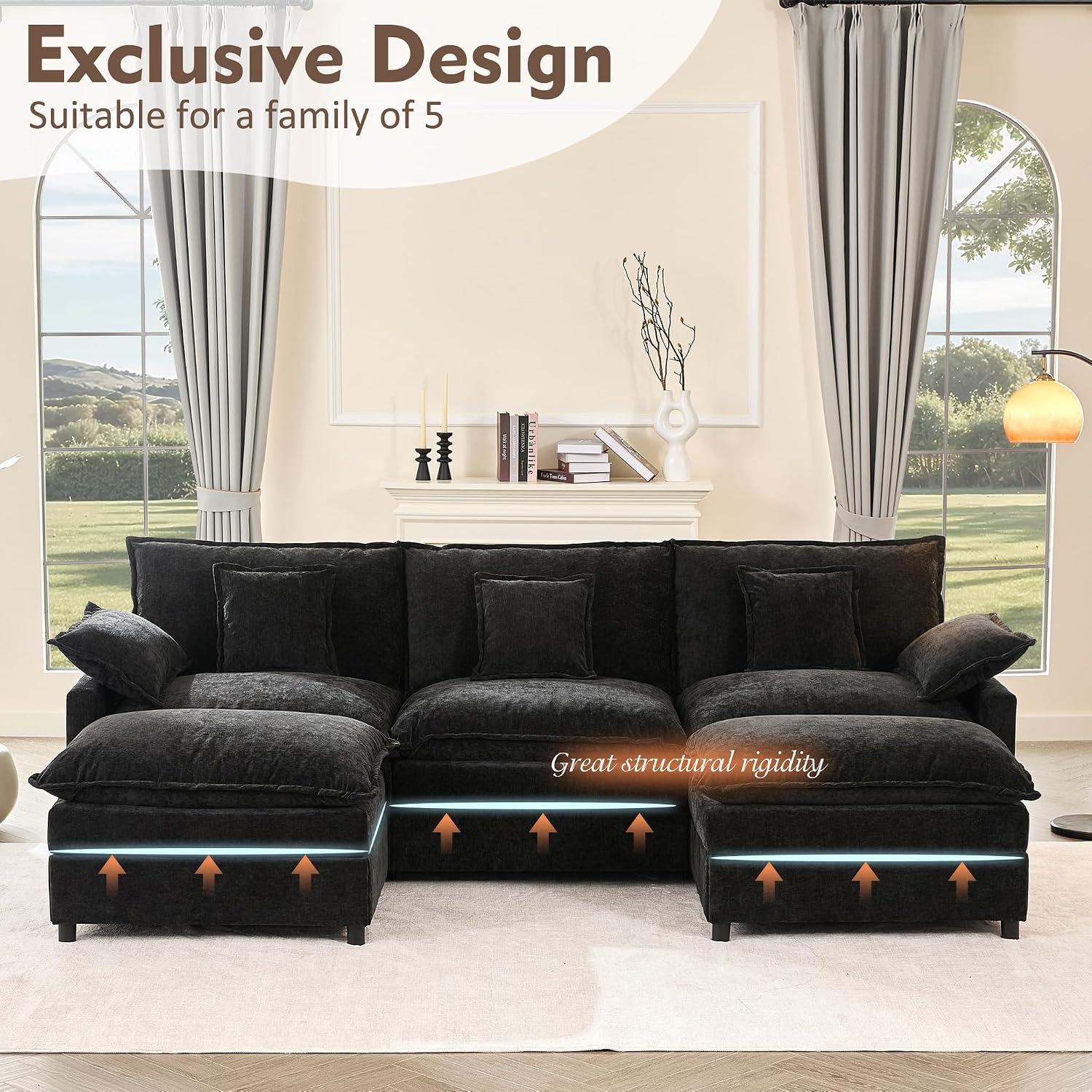 GOSUHI 108' U Shaped Couch, Modular Sectional Sofa, 3-Seater Comfy Cloud Couch, Set of Modular Pieces with Movable Ottoman, Deep Seat Couches for Living Room, Chenille, Black