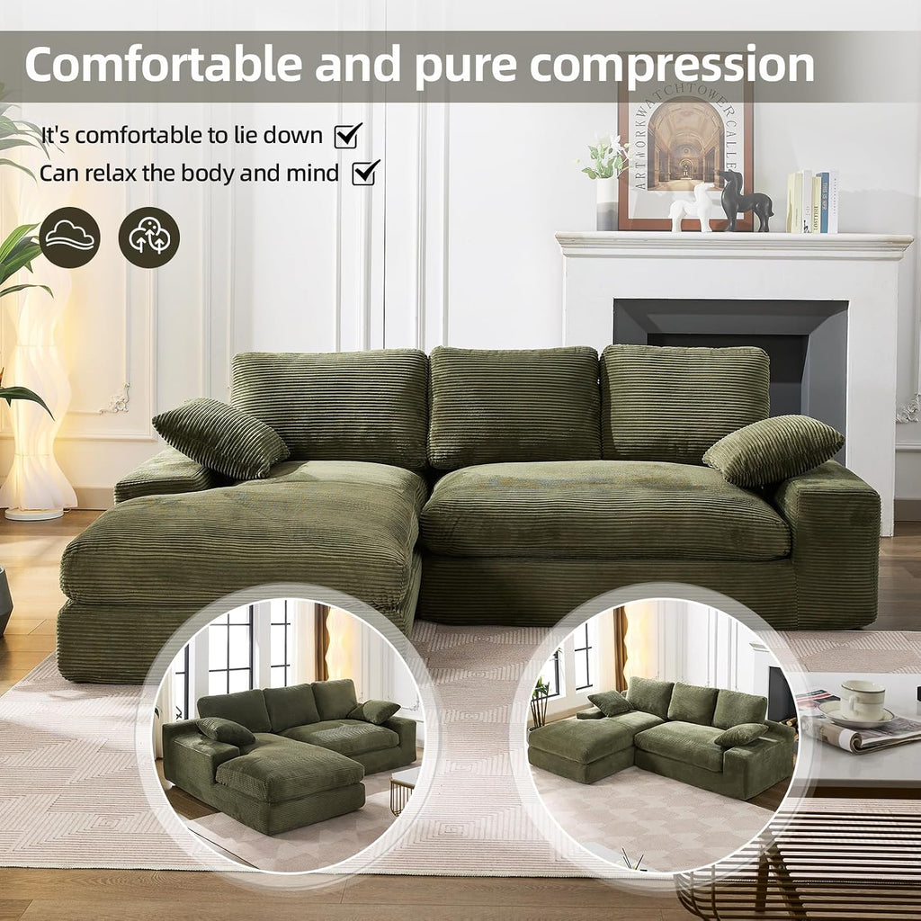 98.4' Green Sectional Sofa Cloud Modular Sectional Couch with Chaise,Corduroy Sectional Couches L-Shaped Modern Upholstered Sofa with Deep Seat for Living Room and Bedroom,No Assembly Required(Green)