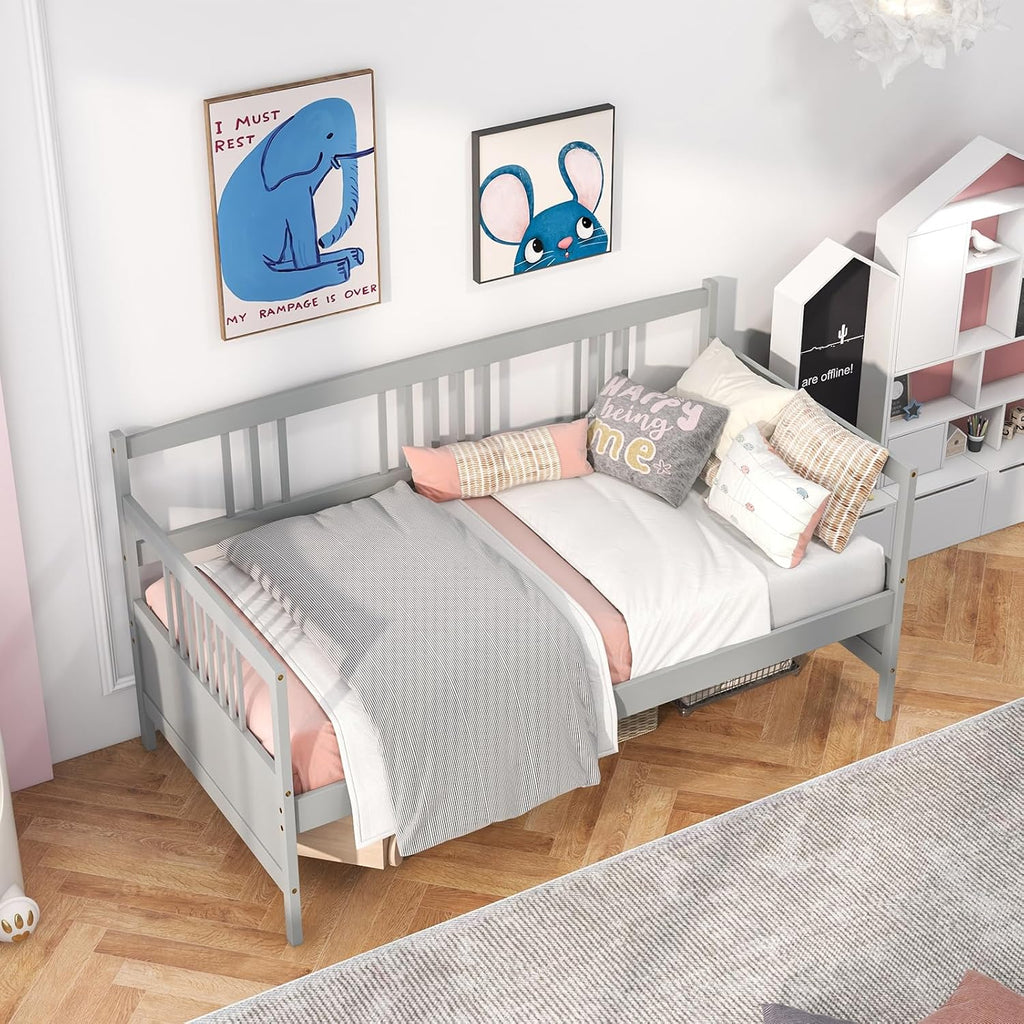 Giantex Twin Daybed Frame, Wooden Sofa Bed Guest Bed with Rails & Wood Slat Support, Dual-use Twin Size Platform Bed Frame for Living Room Bedroom, No Box Spring Needed, Grey