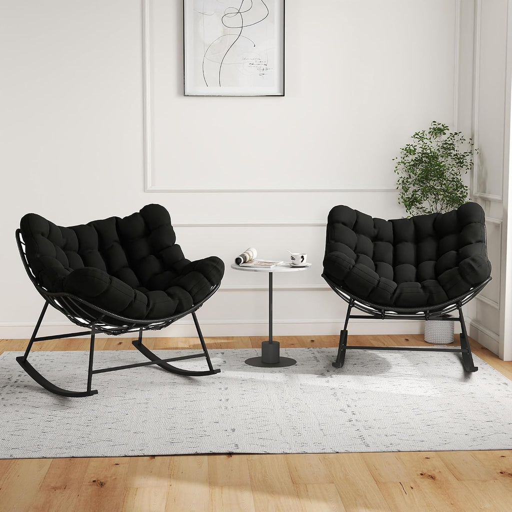 Oversized Wicker Papasan Rocking Chair Set of 2, Indoor Outdoor Egg Chair Rocker, Comfy Patio Recliner with Modern Egg Style, Black