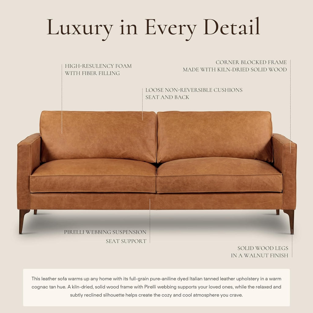 Poly & BARK Mateo 82' Sofa – Cognac Tan Full-Grain Pure-Aniline Italian Leather, Feather-Down Cushions, Solid Wood Frame & Walnut Legs