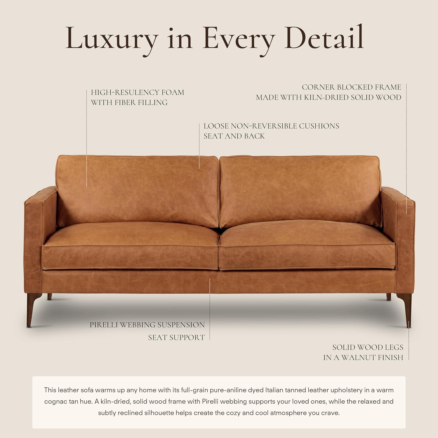 Poly & BARK Mateo 82' Sofa – Cognac Tan Full-Grain Pure-Aniline Italian Leather, Feather-Down Cushions, Solid Wood Frame & Walnut Legs