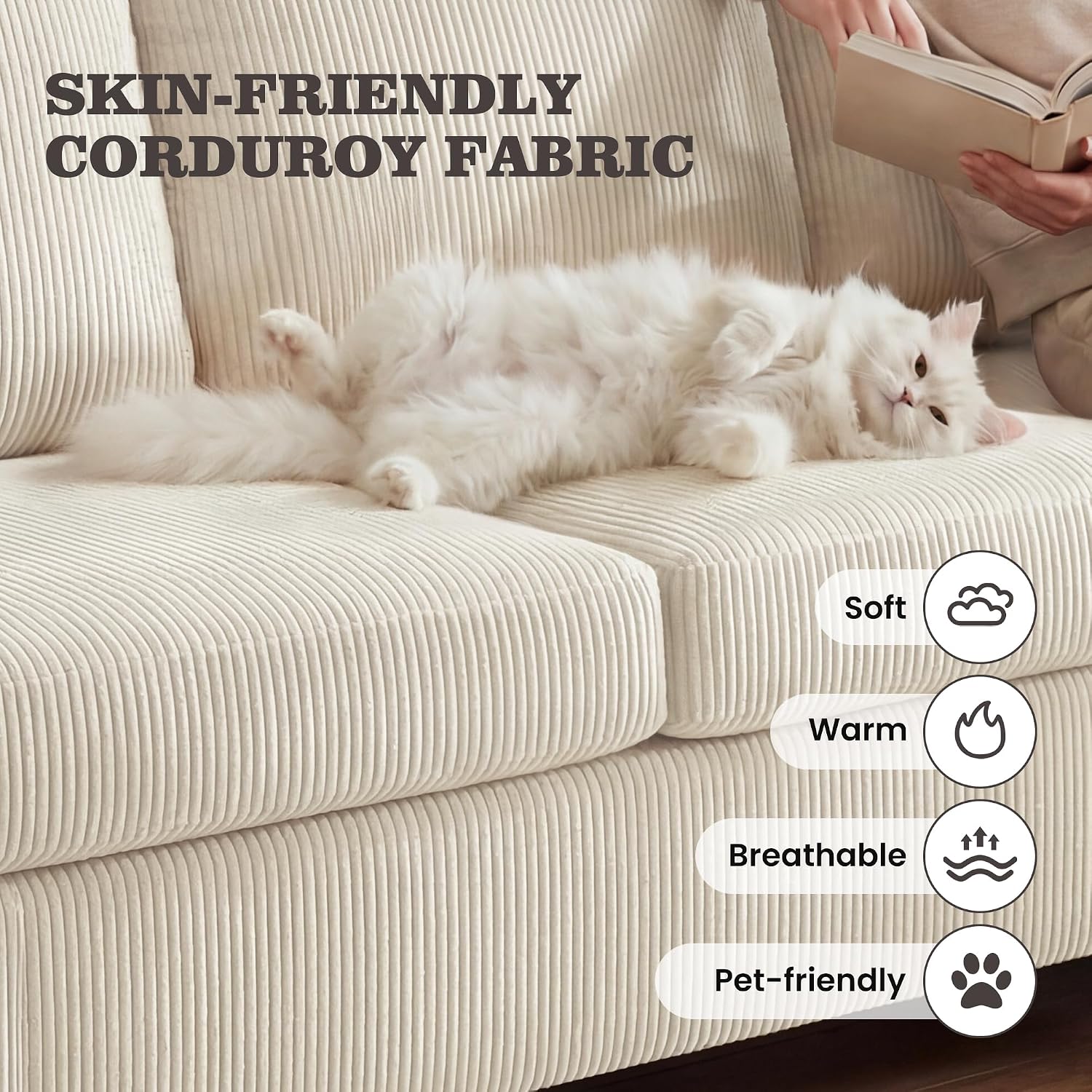 Apicizon 89' 3-Seater Sofa Couch for Living Room, Modern Sofa with Removerable Cover for Apartment Lounge, Comfy Corduroy Sleeper Couch, White