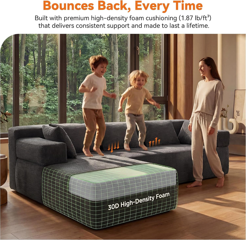 MONVANE 106' Cloud Sectional Couch with L-Shaped Chaise, Modular Sectional Sofa with Deep Seat and Removable Armrests, Comfy Corduroy Boneless Couches for Living Room, No Assembly Required, Grey