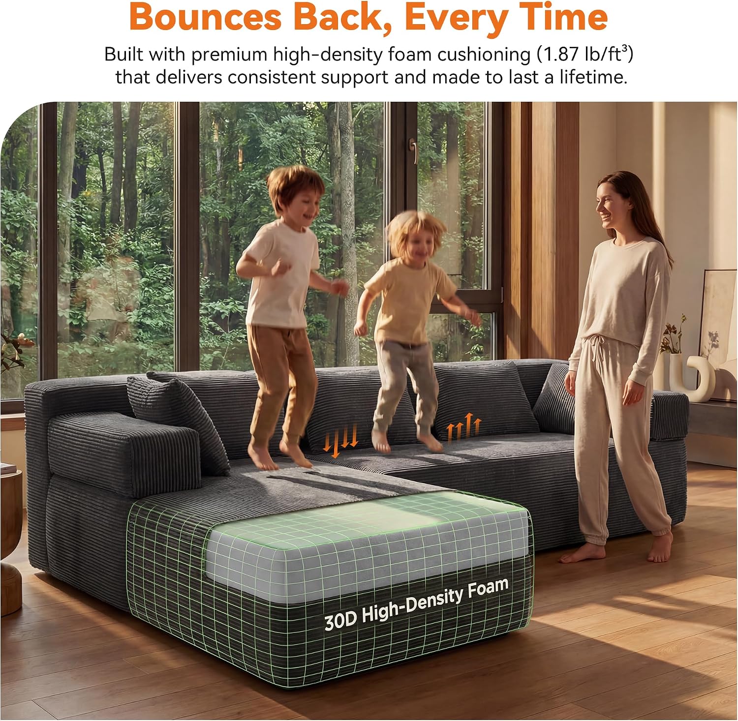 MONVANE 106' Cloud Sectional Couch with L-Shaped Chaise, Modular Sectional Sofa with Deep Seat and Removable Armrests, Comfy Corduroy Boneless Couches for Living Room, No Assembly Required, Grey