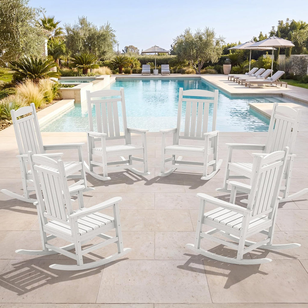 SERWALL Oversized Outdoor Rocking Chairs Set of 6, Oversized HDPE Porch Rockers for Adults, All-Weather Composite Patio Rocking Chairs, White