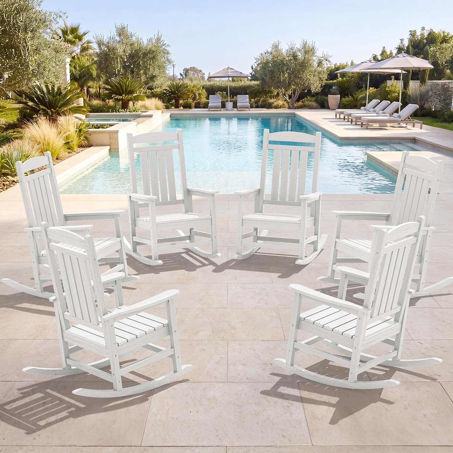 SERWALL Oversized Outdoor Rocking Chairs Set of 6, Oversized HDPE Porch Rockers for Adults, All-Weather Composite Patio Rocking Chairs, White