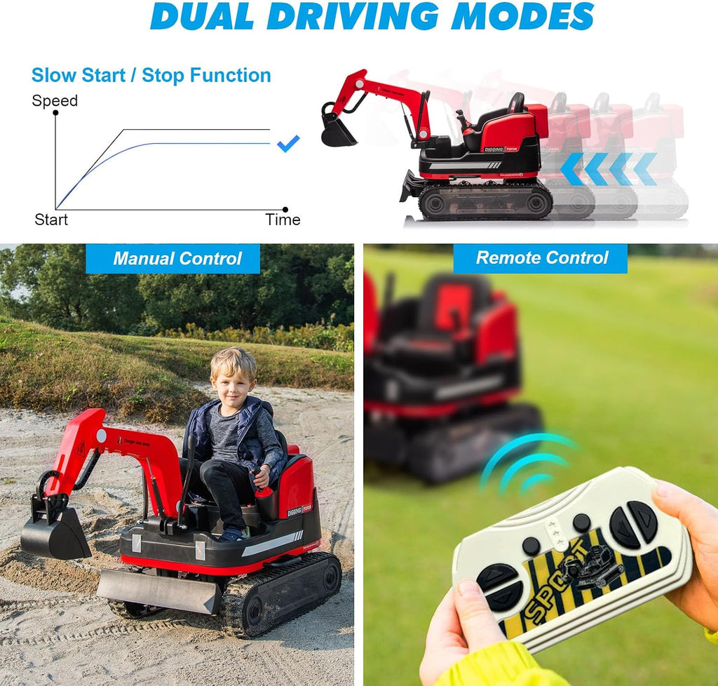 JOYLDIAS 360 Degree Rotating Ride On Excavator and Bulldozer,12V12AH Battery Powered Ride On Toy Backhoe W/Track Design Wheels for All Terrain,Remote Control,MP3,Toolbox for Kids,Parent,Red
