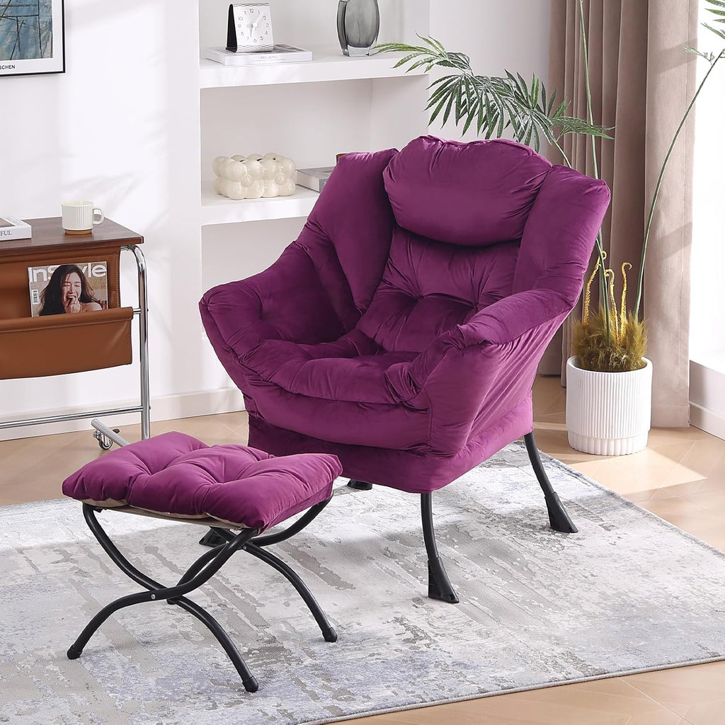 MBOOYOME Lazy Chair with Folding Ottoman, Modern Accent Armchair with Armrests, Side Pocket & Foldable Footstool, Reading Chair for Living Room, Bedroom, Dorm & Office, Velvet Purple