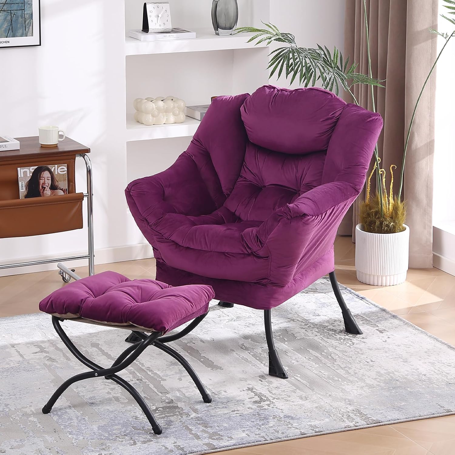 MBOOYOME Lazy Chair with Folding Ottoman, Modern Accent Armchair with Armrests, Side Pocket & Foldable Footstool, Reading Chair for Living Room, Bedroom, Dorm & Office, Velvet Purple