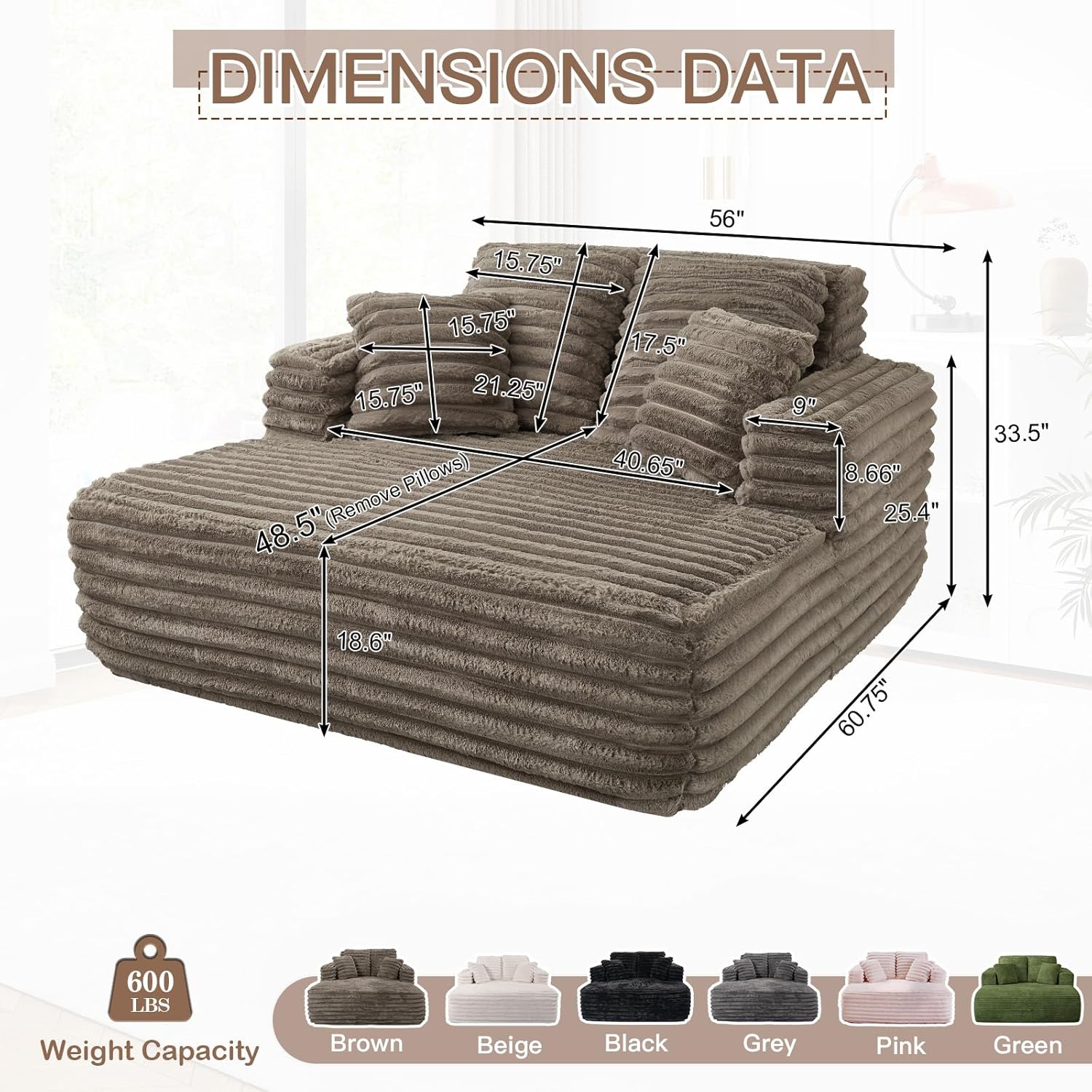 JEEOHEY 56' Oversized Chaise Lounge Chair Indoor,Plush Faux Fur Sleeper Sofa Couch Bed with Pillows&Wide Armrests,Fluffy Comfy Cloud Couch,Compression Foam Couch for Living Room,Bedroom(Brown)