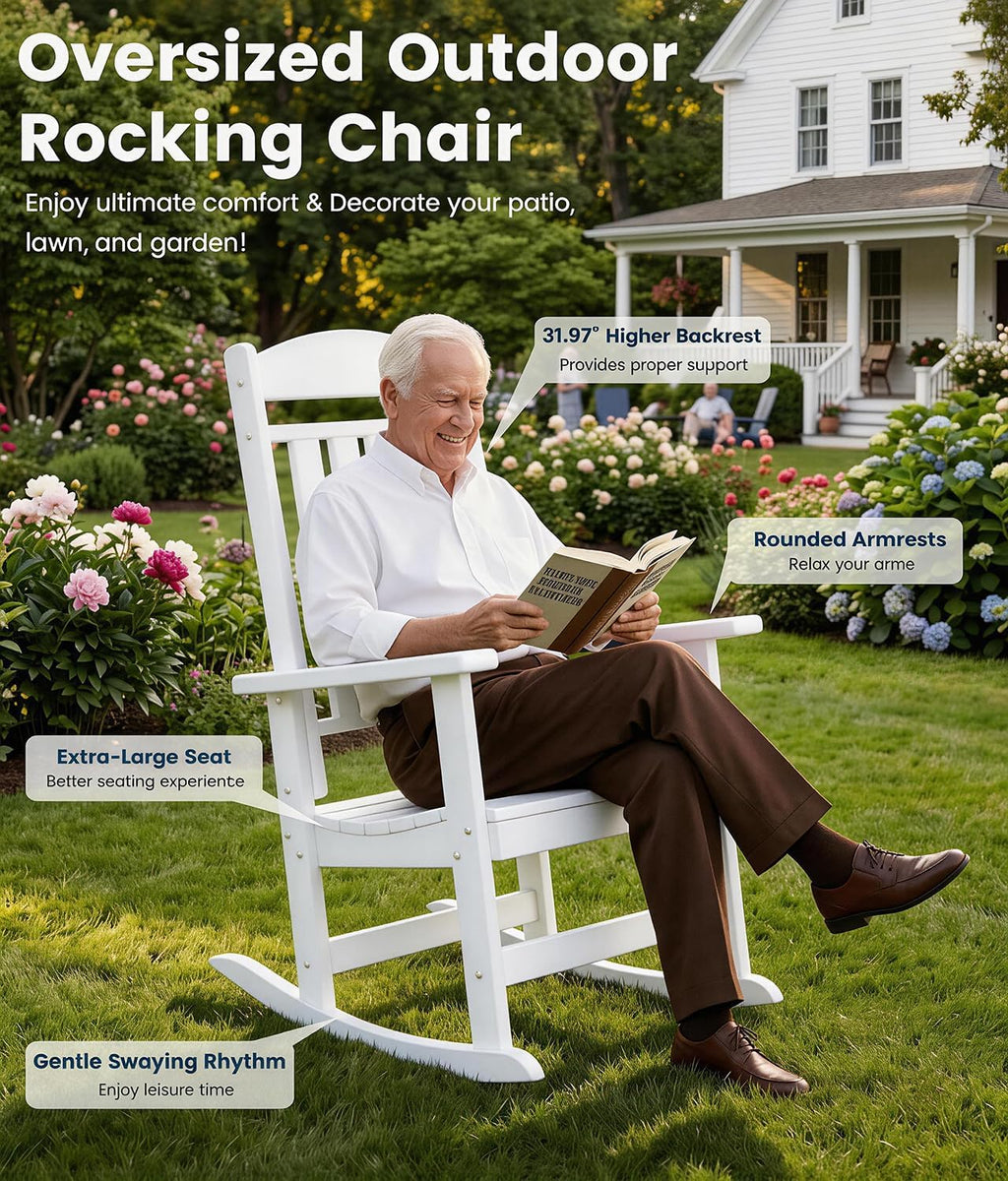 FOOWIN Patio Rocking Chairs Set of 2,HDPE High Back Porch Rocker,All Weather Resistant Poly Lumber Outdoor Porch Rocker, Rocking Chairs for Outdoor, Indoor, Patio, Deck, Garden White