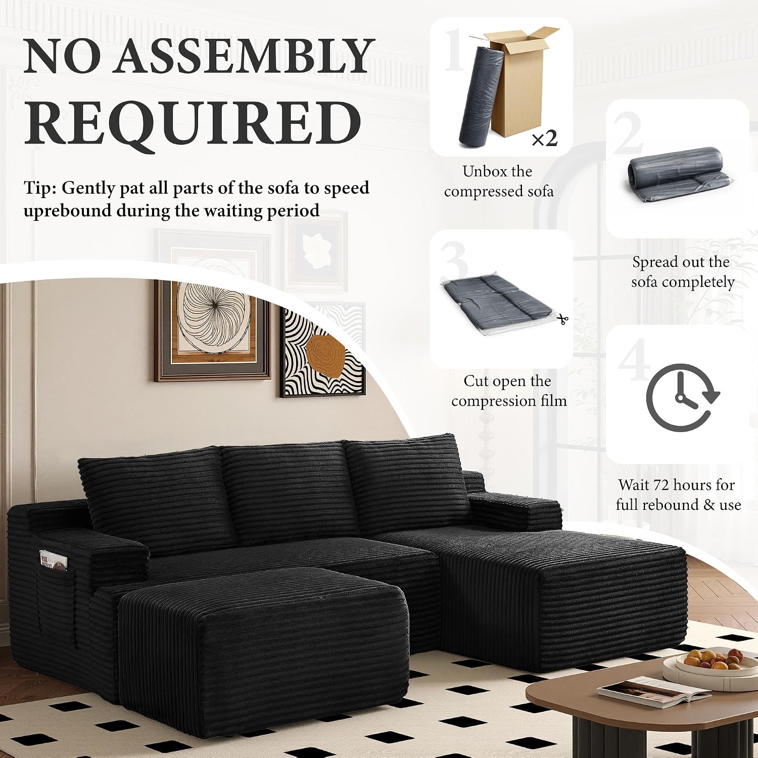 96''Sectional Couches for Living Room,Modern Modular Sectional Sofa,Upholstered Boneless Couch Comfy Cloud Couch with L Shaped Chaise (Black, 96''W Right Facing Chaise+Ottoman)