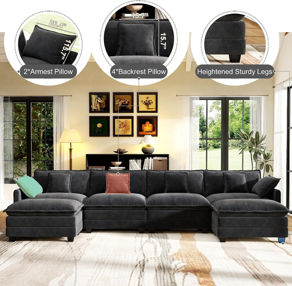 146' Cloud Couch Sectional, U Shaped Modular Sectional Sofa, 4-Seat Deep Seat Couch with 6 Removable Washable Pillows and 2 Ottoman for Living Room, Bedroom, Apartment, Black
