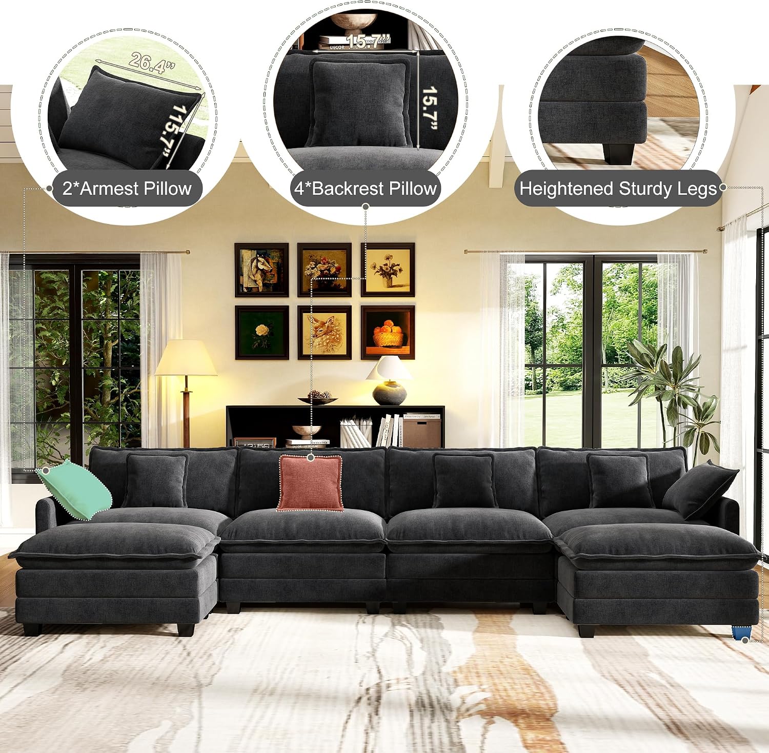 146' Cloud Couch Sectional, U Shaped Modular Sectional Sofa, 4-Seat Deep Seat Couch with 6 Removable Washable Pillows and 2 Ottoman for Living Room, Bedroom, Apartment, Black