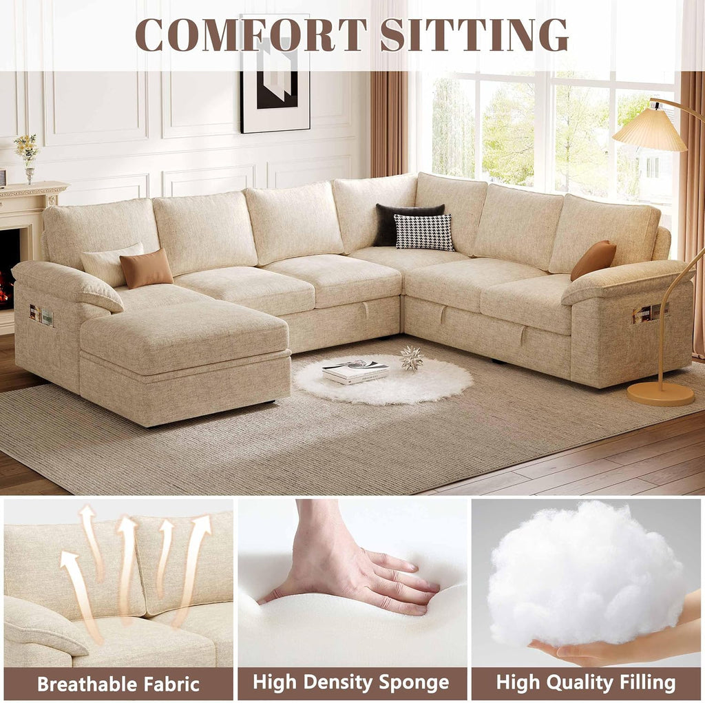 108 Inch Modular Sectional Sofa with Pull Out Bed,U Shaped 7 Seat Sectional Sleeper Sofa with Storage,Sectional Couches for Living Room,Cloud Modular Couch,Removable Sofa Cover,Beige