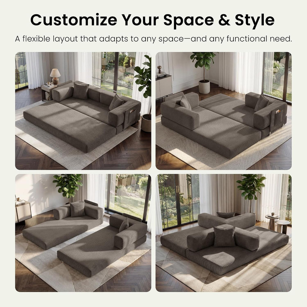 78.8' Convertible Futon Sofa Bed,Corduroy Futon Couch with Storage Pocket,Folding Pull Out Sofa,No Assembly Boneless Couch for Living Room,Brown
