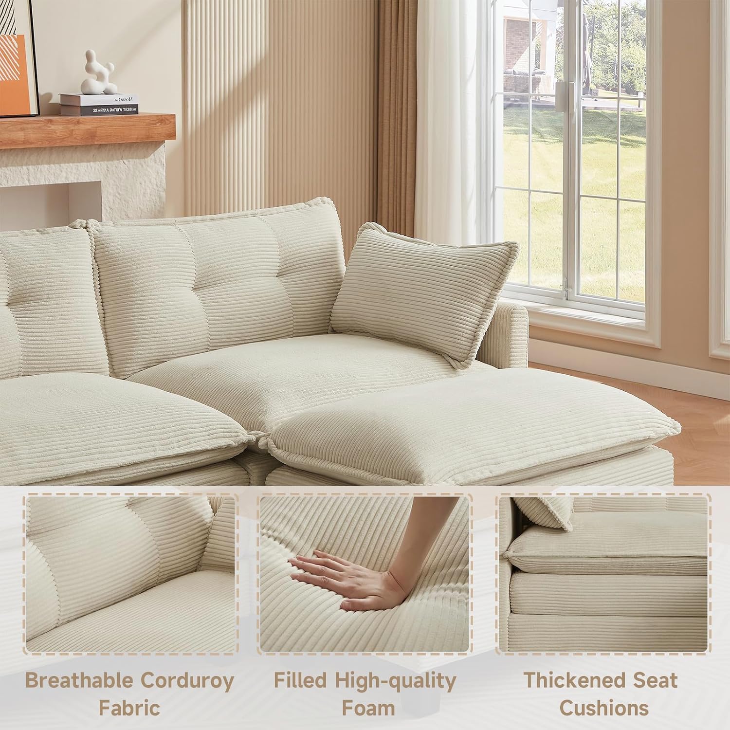 Amsleekey Modular Sectional Sofa, 111.5' U-Shaped Corduroy Comfy Sectional Couches for Living Room, 3-Seater Cloud Couches with 2 Movable Ottomans, Flexible Combination Modern Deep Seat Sofa (Beige)