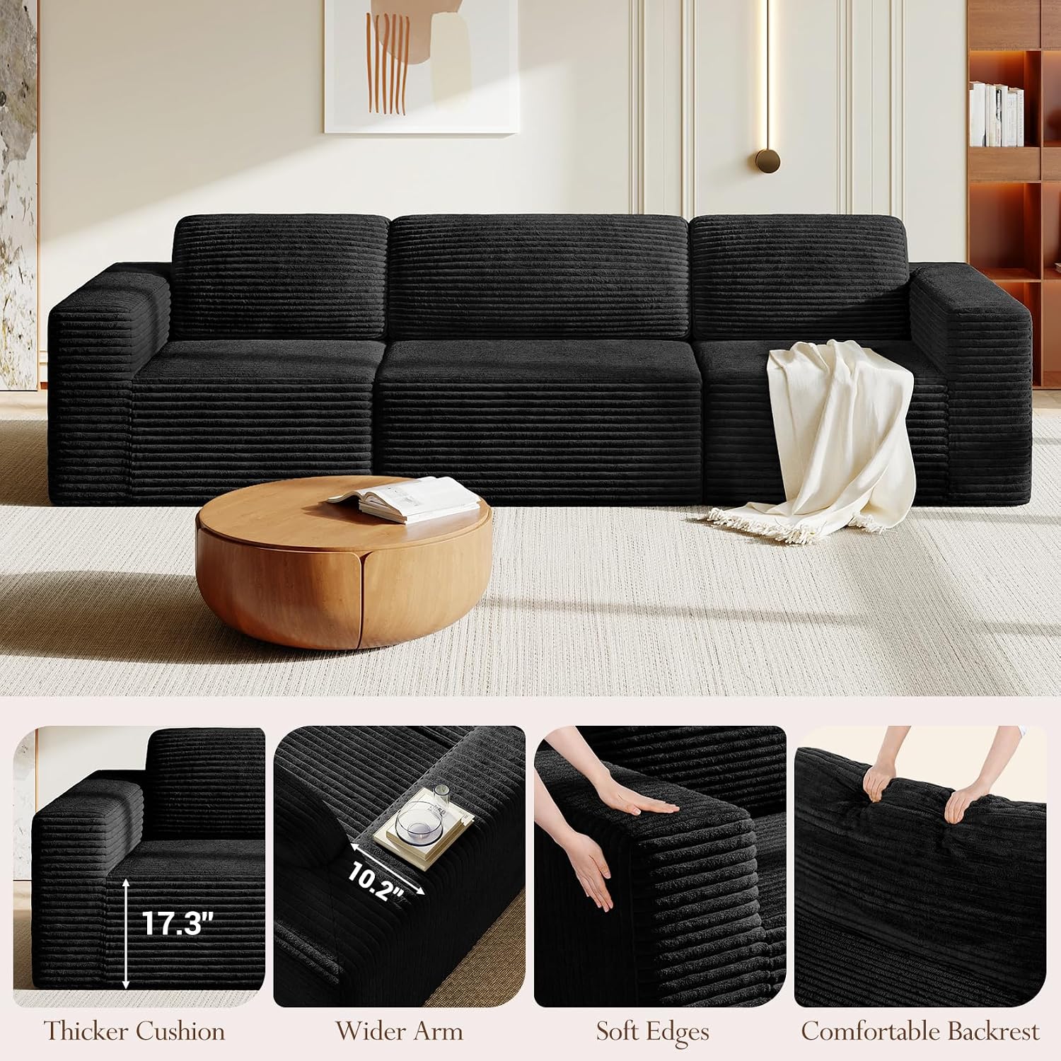 Vesgantti 119' Modular Sectional Sofa, Corduroy Cloud Couch with Deep Seating & Spring Support, 3 Seater Flexible Layout Sofa, Boneless Couch for Living Room & Apartment, No Assembly Required, Black