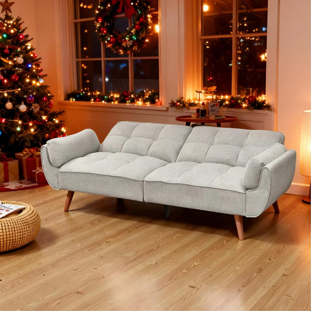 Convertible Futon Sofa Bed, Modern Futon Couch with 2 Pillows, Small Futons Couch with Adjustable Armrest & Backrest, Loveseat Sofa Bed for Living Room, Bedroom, Gray