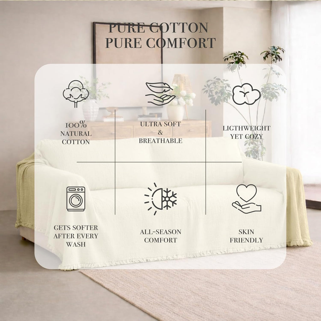 Washable Sofa Cover %100 Pure Cotton, Gauze Couch Covers for Sectional, 3 Seater, L Shape, U Shape Sofa, Large 4 Layered Natural Muslin Fabric, Cloud Like Couch Cover (Cream, 95x118' / 240x300 cm)