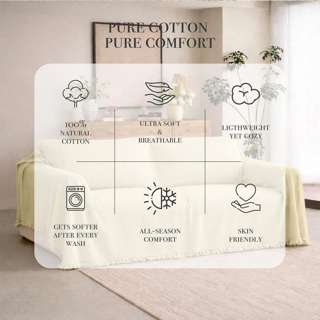 Cloud Like Sofa Cover %100 Pure Cotton, Gauze Couch Covers for Sectional, 3 Seater, 4 Seater Sofa, Extra Large 4 Layered Muslin Natural Fabric, Washable Couch Cover (Cream, 95x150' / 240x380 cm)