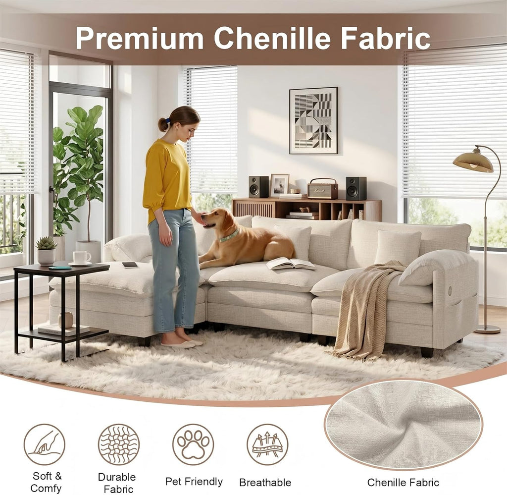 KCGKCG Modular Sectional Sofa, 108' Comfy Cloud Couch with Movable Ottoman | Charging Station | Side Pocket | Throw Pillow, Modern L-Shaped Couches for Living Room, Chenille, Cloud White