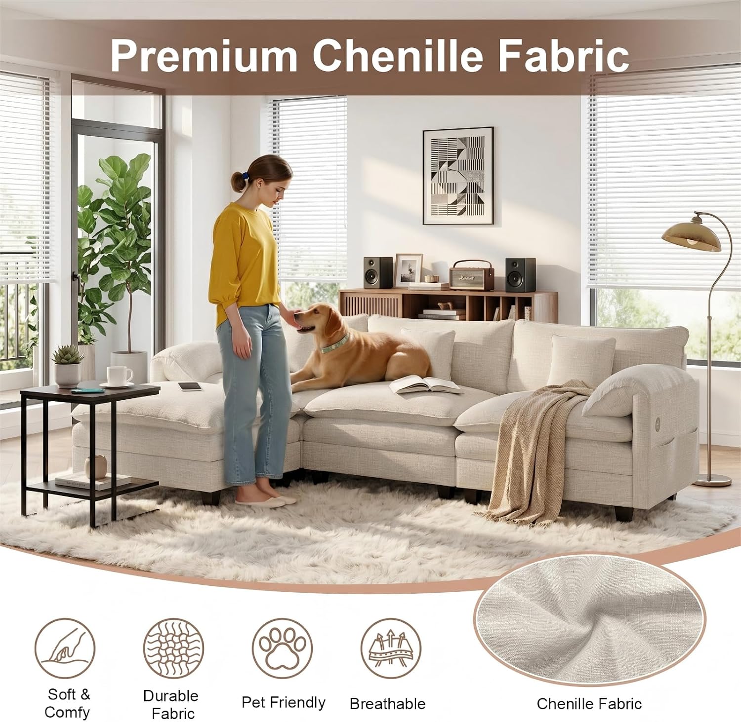 KCGKCG Modular Sectional Sofa, 108' Comfy Cloud Couch with Movable Ottoman | Charging Station | Side Pocket | Throw Pillow, Modern L-Shaped Couches for Living Room, Chenille, Cloud White