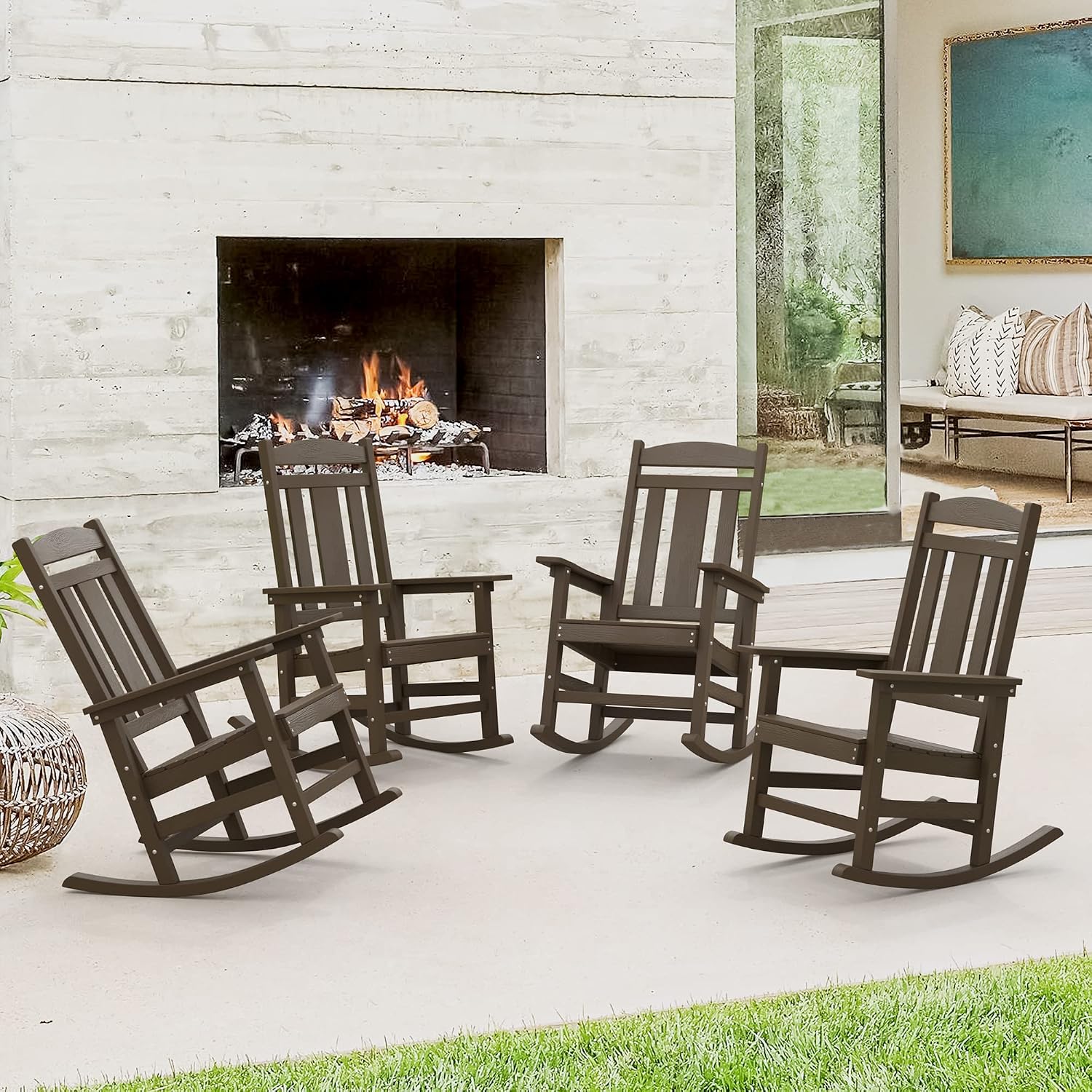 LUE BONA Outdoor Rocking Chairs Set of 4, Weather Resistant HDPS Poly Rocker Chairs, 350lb Heavy Duty, Oversized Porch Rocker for Adult, High Back Smooth Rocking for Outdoor & Indoor, Brown