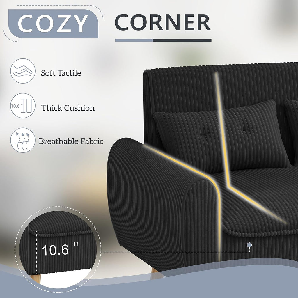 Shintenchi 48'' Loveseat Sofa, Mid-Century Modern Upholstered Couch Deep Seat with 2 Pillows, 10' Thick Cushion with Spring, Solid Wood Frame Small Couch for Living Room, Dorms & Office, Black