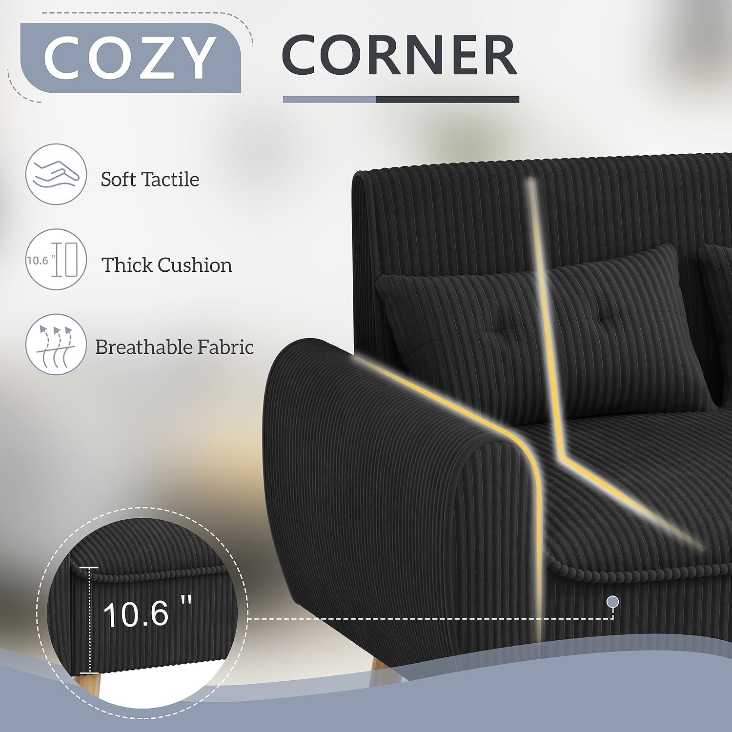 Shintenchi 48'' Loveseat Sofa, Mid-Century Modern Upholstered Couch Deep Seat with 2 Pillows, 10' Thick Cushion with Spring, Solid Wood Frame Small Couch for Living Room, Dorms & Office, Black