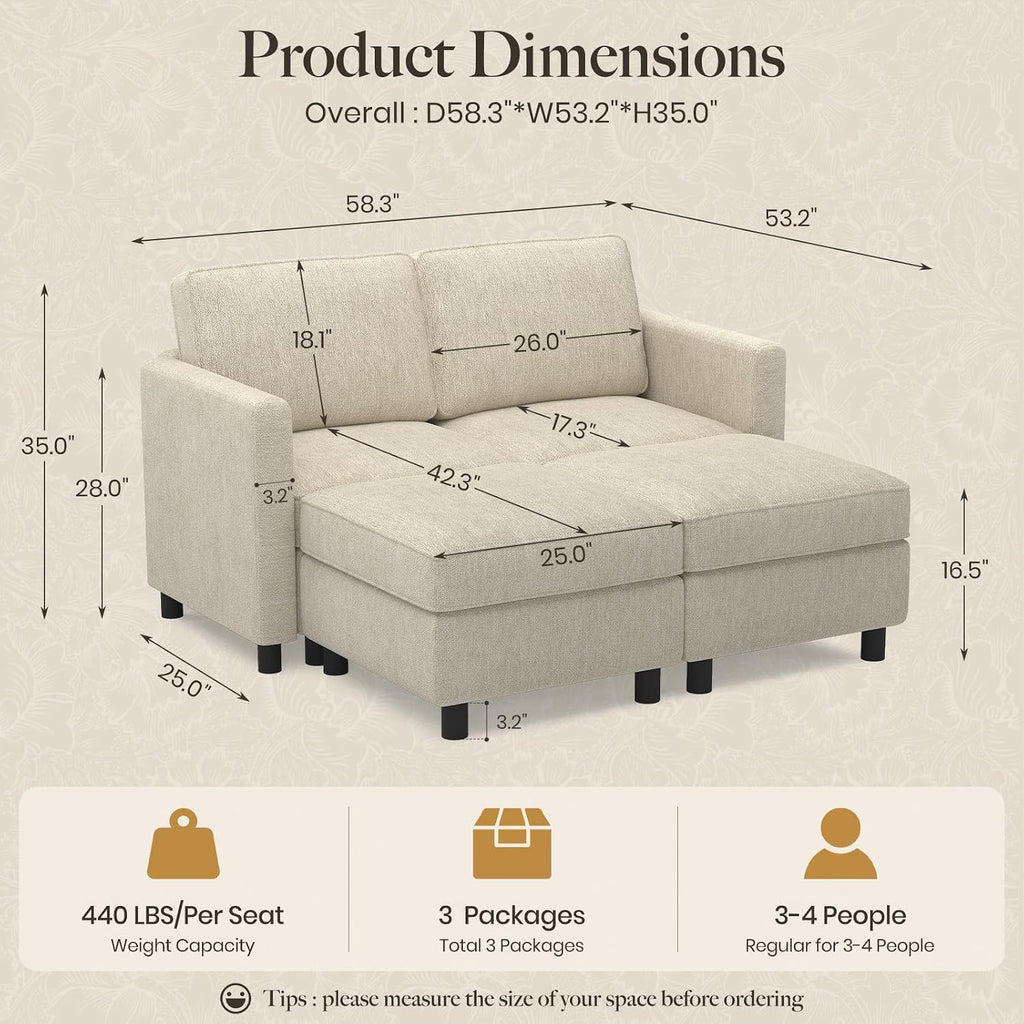 Belffin 58.3' Modular Sectional Sofa 4 Seats Sleeper Sofa Washable Sectional Couches for Living Room Comfy Couches with Storage Seat Couch Sofas with Chaise,Beige
